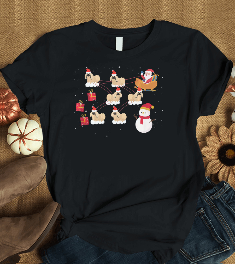 Santa's Sleigh Pulled by Pekingese Dogs with Snowman and Gifts T-Shirt