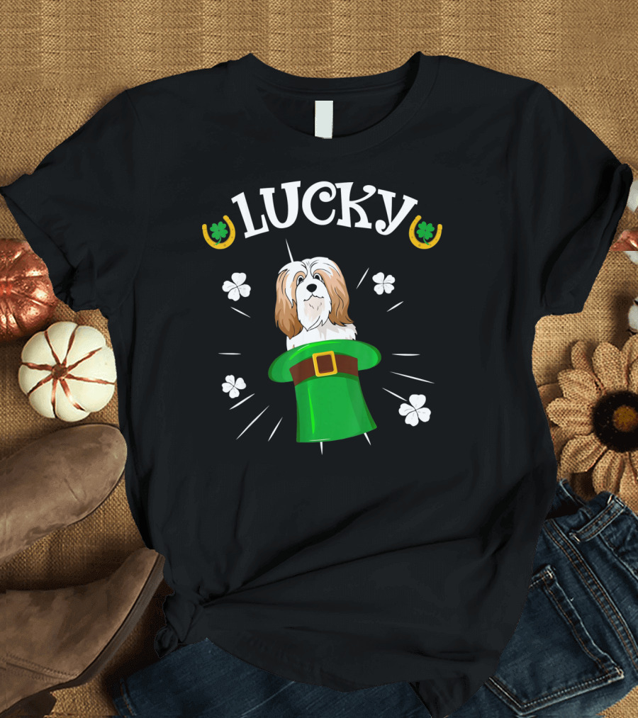 Lucky Lhasa Apso St Patricks Hat Green Clover Shamrock T-Shirt