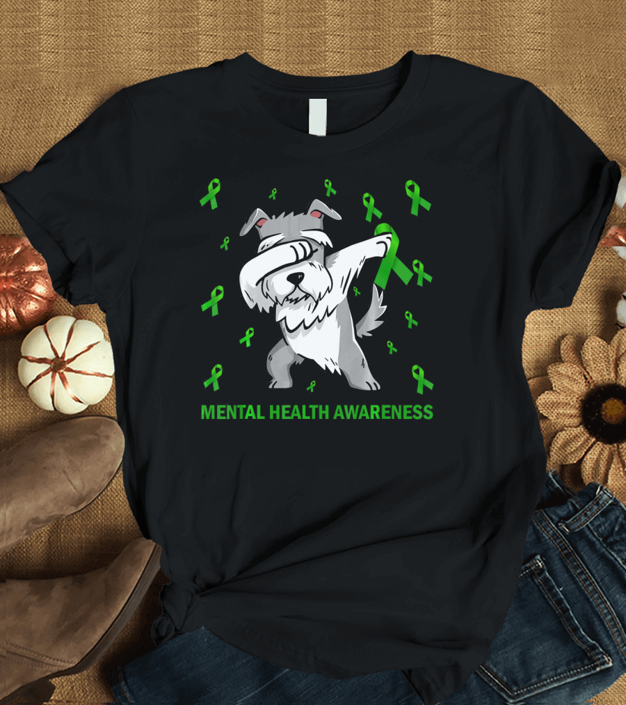 Dabbing Schnauzer Green Ribbon Mental Health Awareness T-Shirt