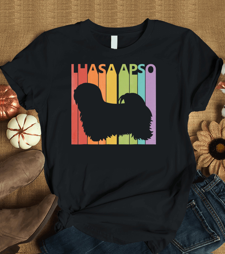 Lhasa Apso Dog Silhouette on Retro Rainbow Background T-Shirt