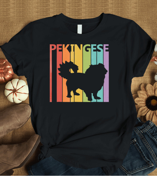 T-Shirt: Pekingese Retro Silhouette Rainbow Stripes T-Shirt Pekingese Retro Silhouette Rainbow Stripes T-Shirt