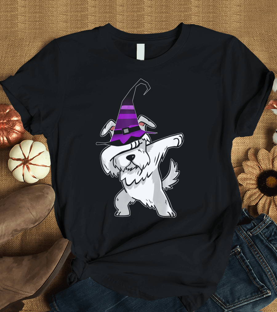 Halloween Dabbing Schnauzer Puppy Dog Witch Hat T-Shirt