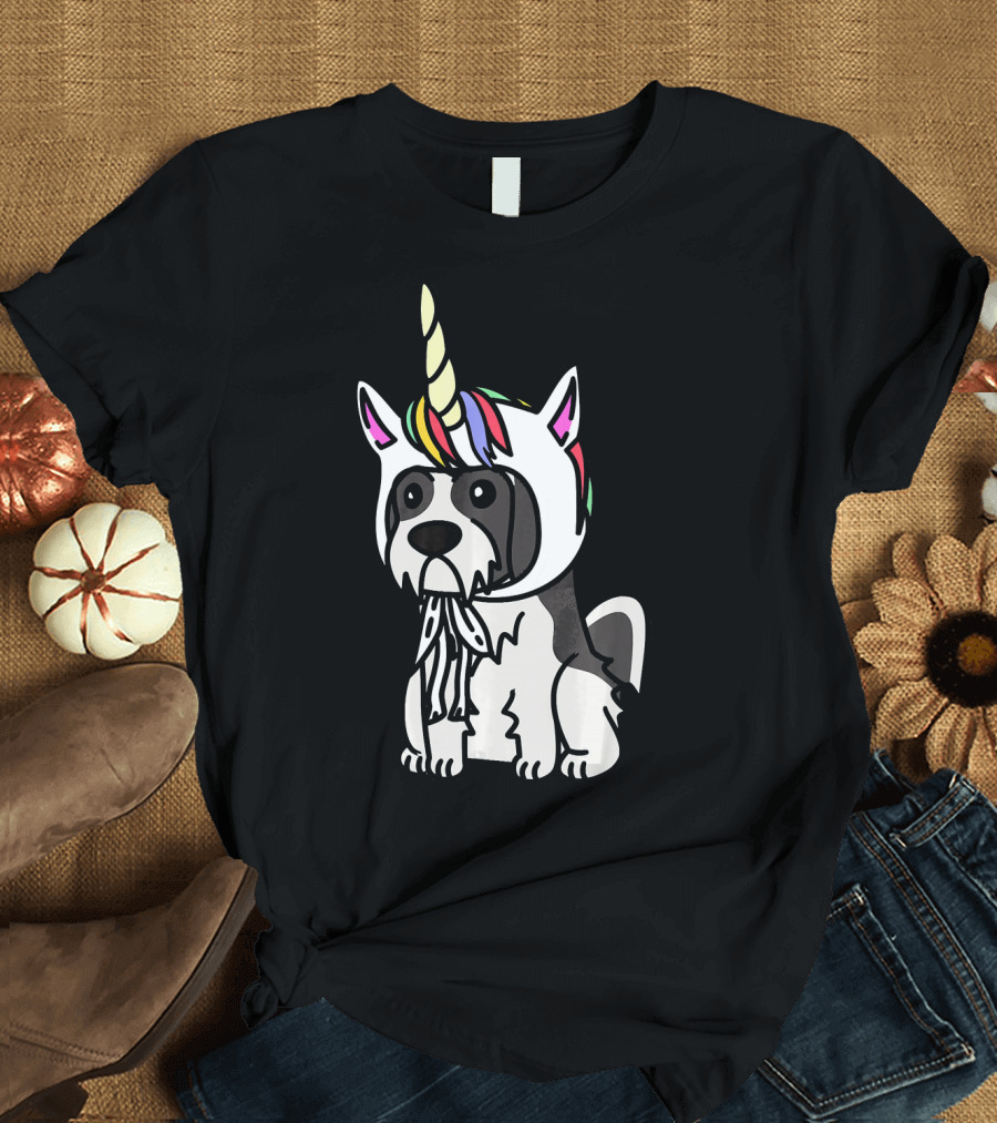 Lhasa Apso Wearing Colorful Unicorn Hat Humorous Dog T-Shirt