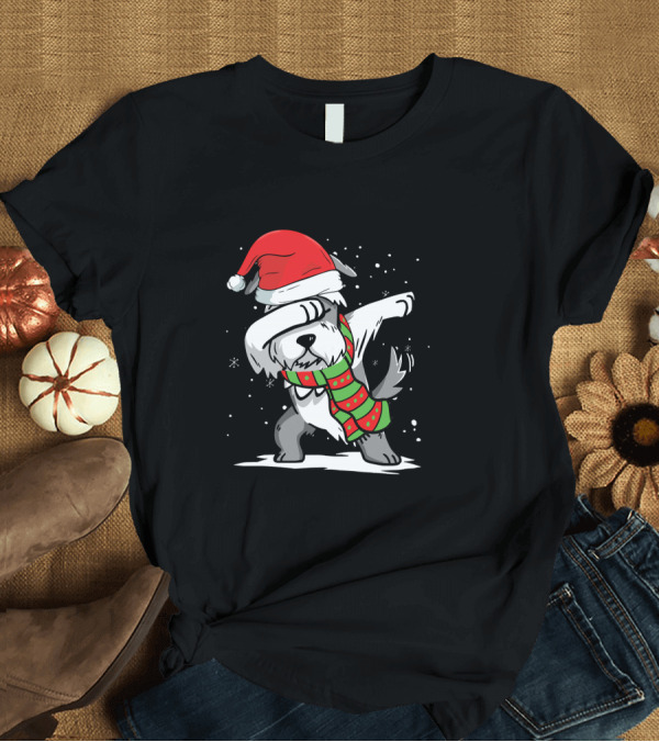T-Shirt: Festive Christmas Dabbing Schnauzer with Santa Hat and Scarf T-Shirt Festive Christmas Dabbing Schnauzer with Santa Hat and Scarf T-Shirt