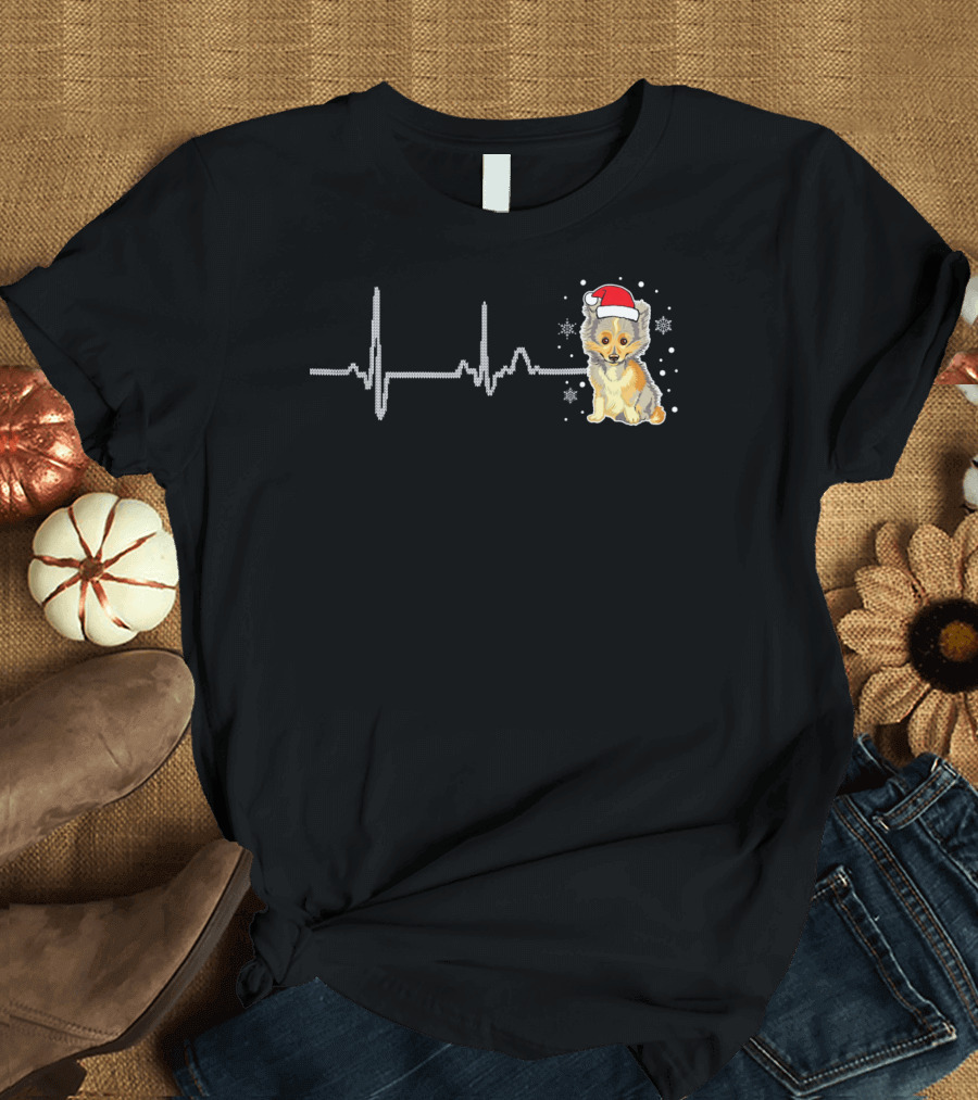 I Love My Shetland Sheepdog Heart Beat Santa Hat Snowflakes T-Shirt