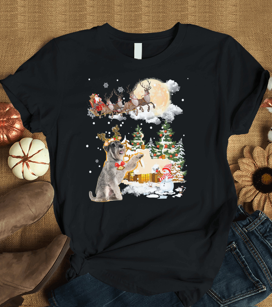 Schnauzer and Santa's Reindeer Christmas Village T-Shirt