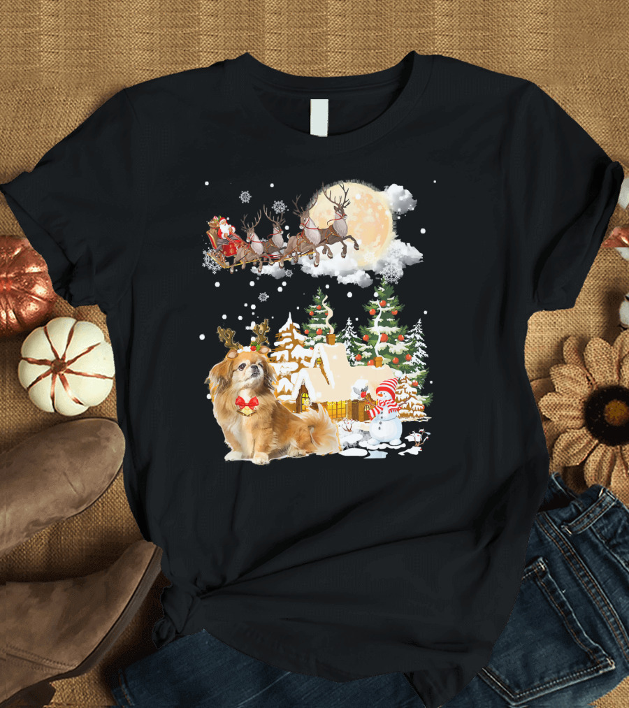 Pekingese Christmas Wonderland Santa and Reindeer Festive Scene T-Shirt