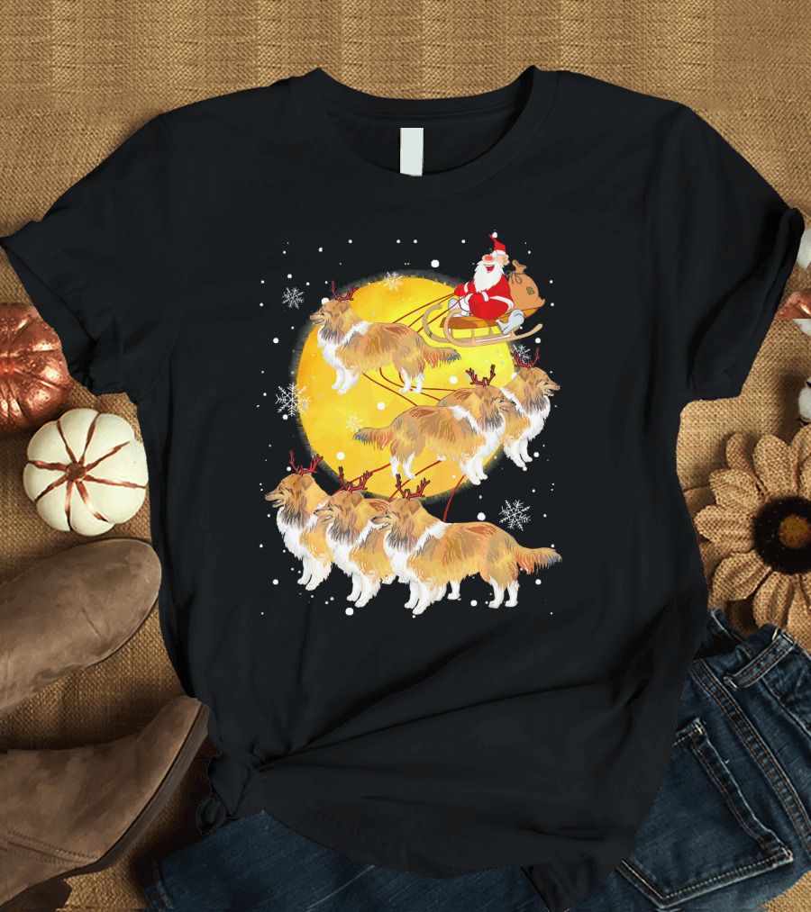 Shetland Sheepdog Reindeer Santa Sleigh Christmas Moon Snowflakes T-Shirt