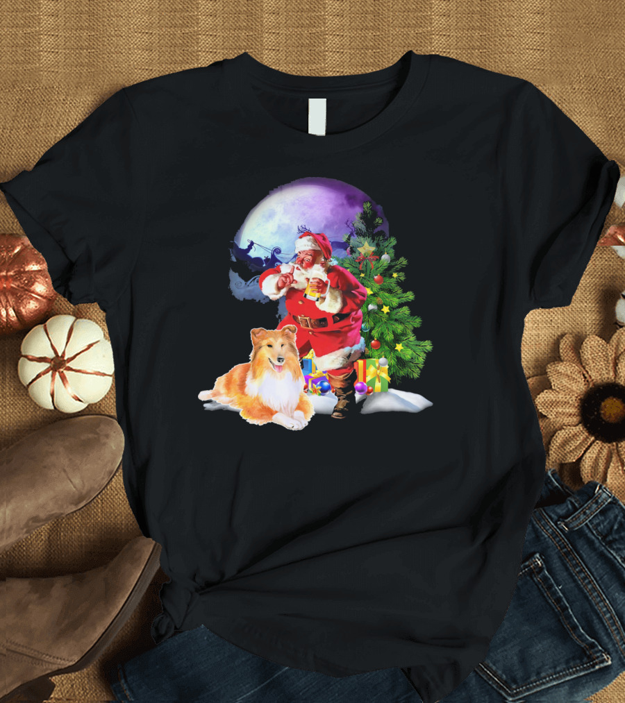 Sheltie Pine Xmas Family Santa and Tree T-Shirt
