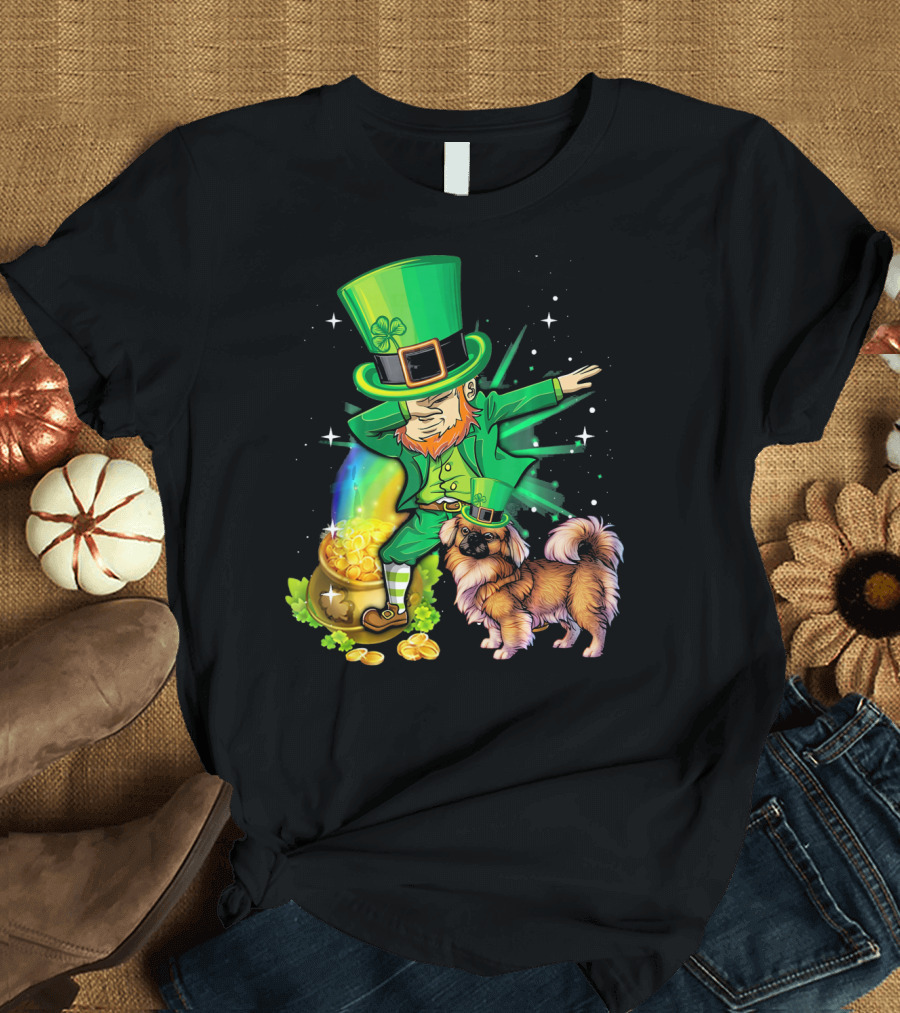 St Patricks Day Pekingese Leprechaun Pot of Gold and Rainbow T-Shirt