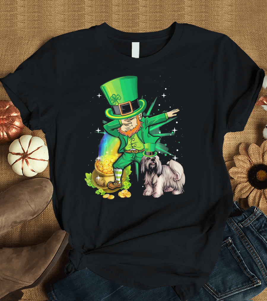 Leprechaun Dabbing with Pot of Gold and Lhasa Apso on St Patrick's Day T-Shirt