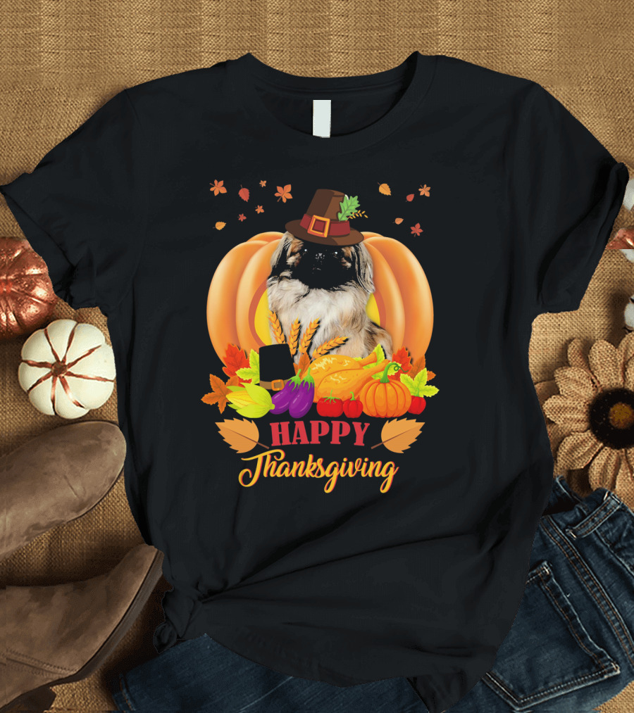 Happy Thanksgiving Pekingese with Fall Harvest Elements T-Shirt