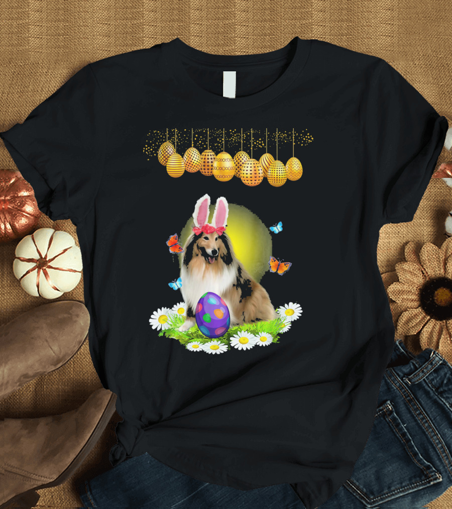 Sheltie Lover Rabbit Ears Egg Easter Butterflies Daisies T-Shirt