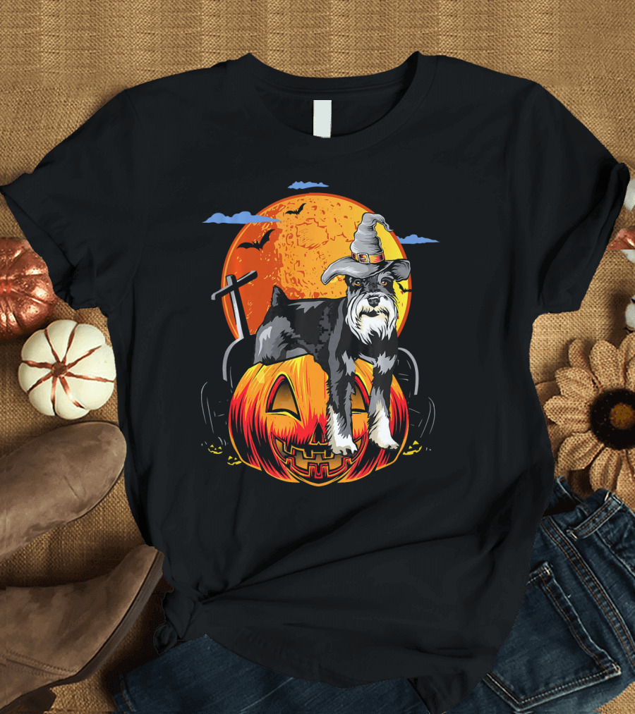 Schnauzer Witch Halloween Pumpkin Moon Bats T-Shirt