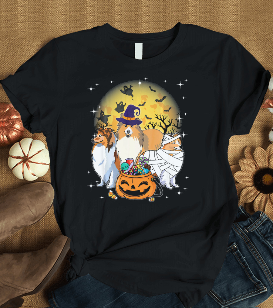 Sheltie Mummy Witch Dog Halloween Moon Ghosts Bats T-Shirt