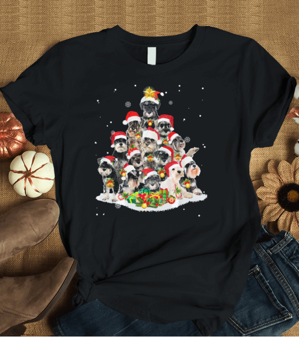 T-Shirt: Schnauzer Santa Hats Christmas Tree with Gifts and Snowflakes T-Shirt Schnauzer Santa Hats Christmas Tree with Gifts and Snowflakes T-Shirt