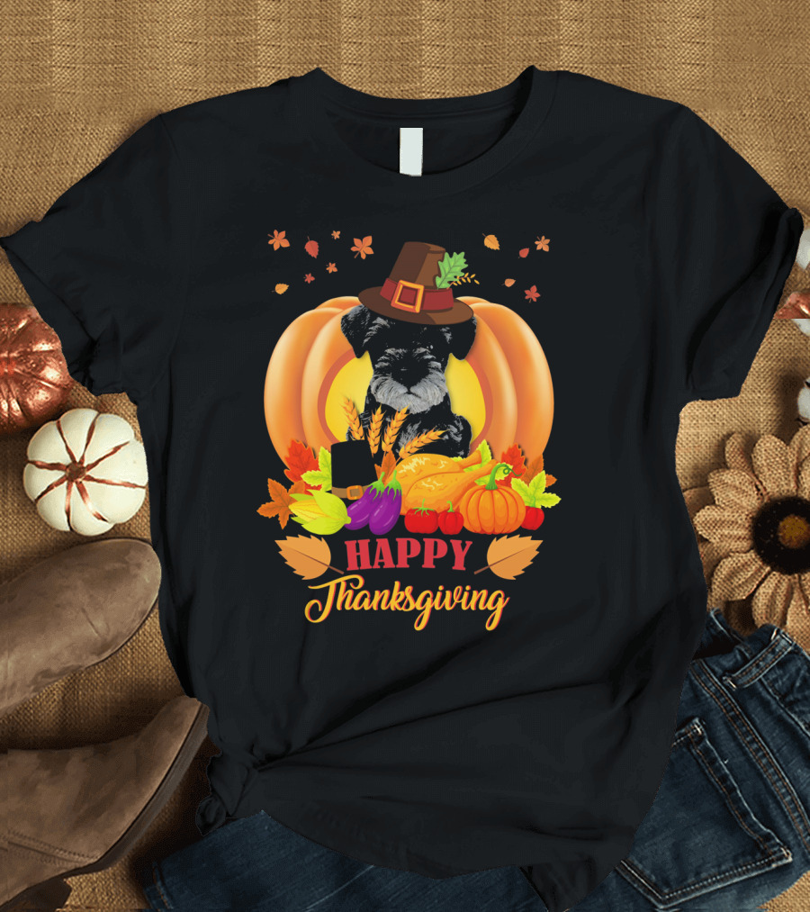 Happy Thanksgiving Miniature Schnauzer Dog with Pumpkins and Autumn Leaves T-Shirt