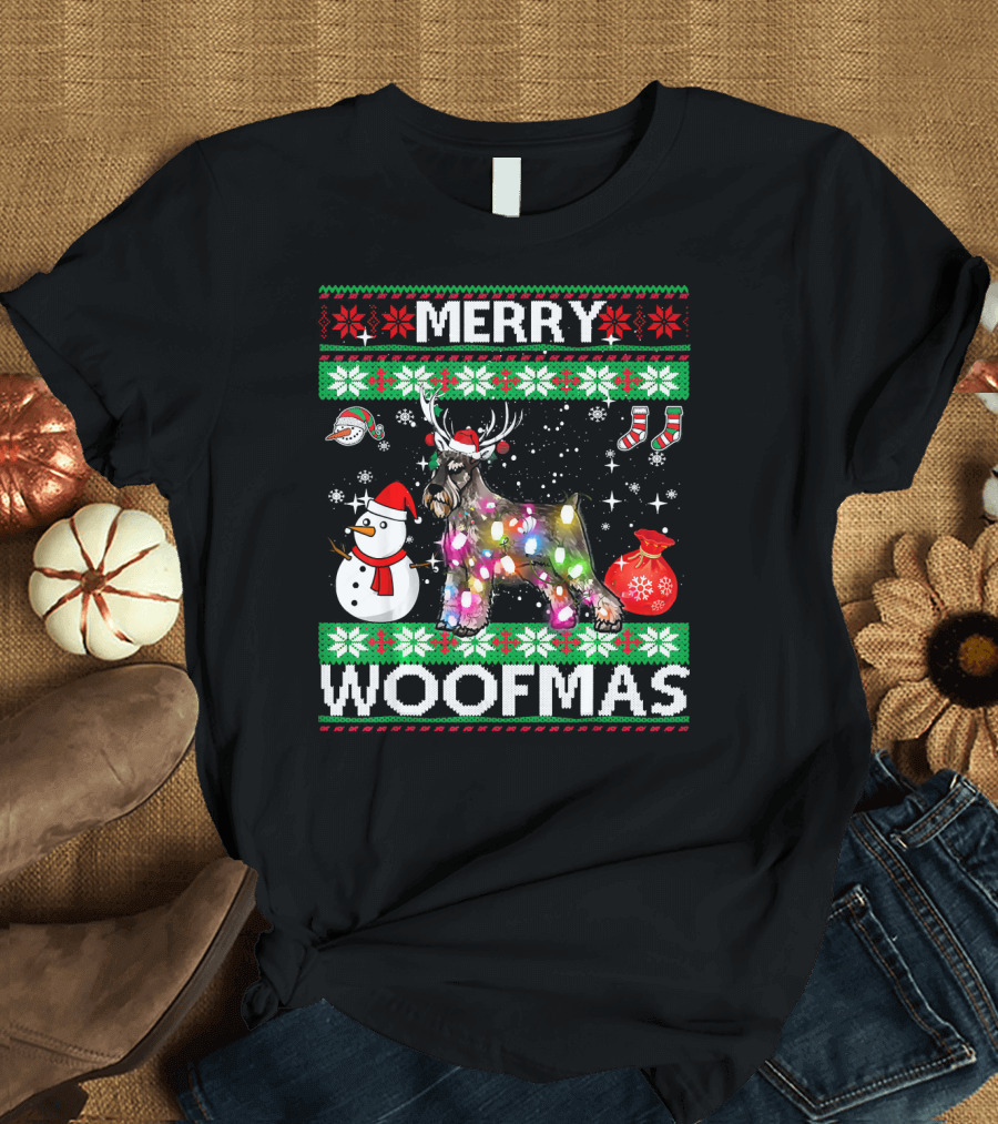 Merry Woofmas Standard Schnauzer Christmas Lights Snowman T-Shirt