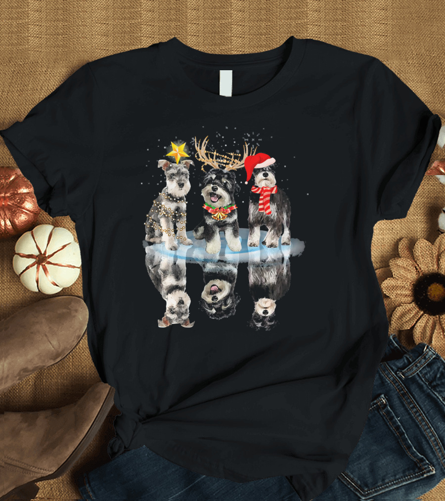 Three Schnauzer Dog Reflection Christmas Hats and Antlers T-Shirt