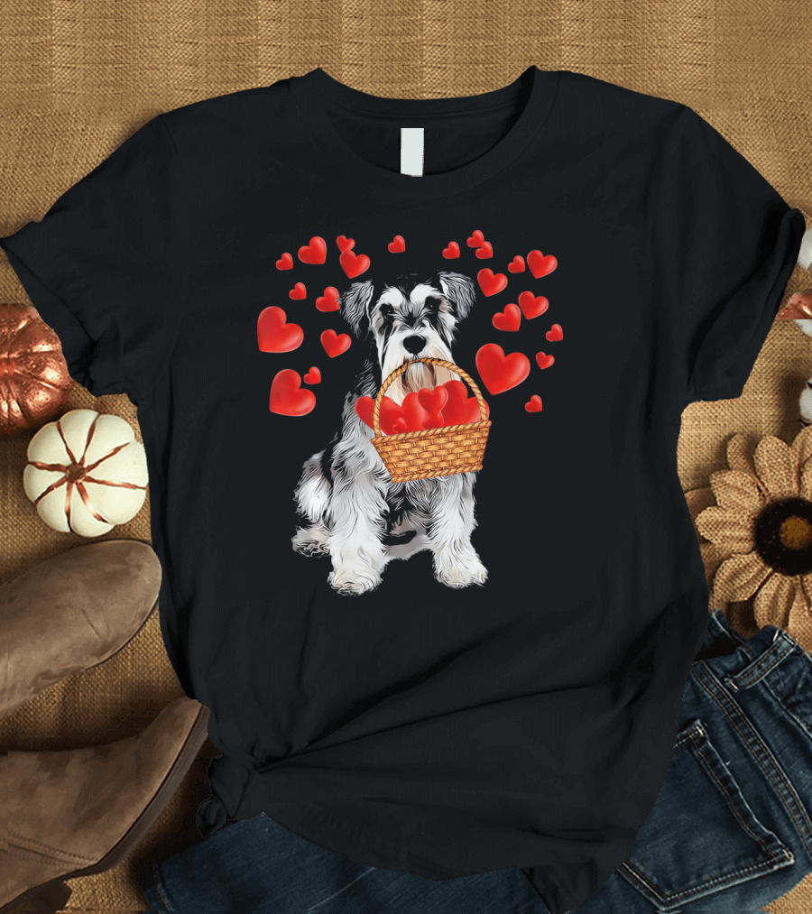 Miniature Schnauzer with Basket of Red Hearts T-Shirt