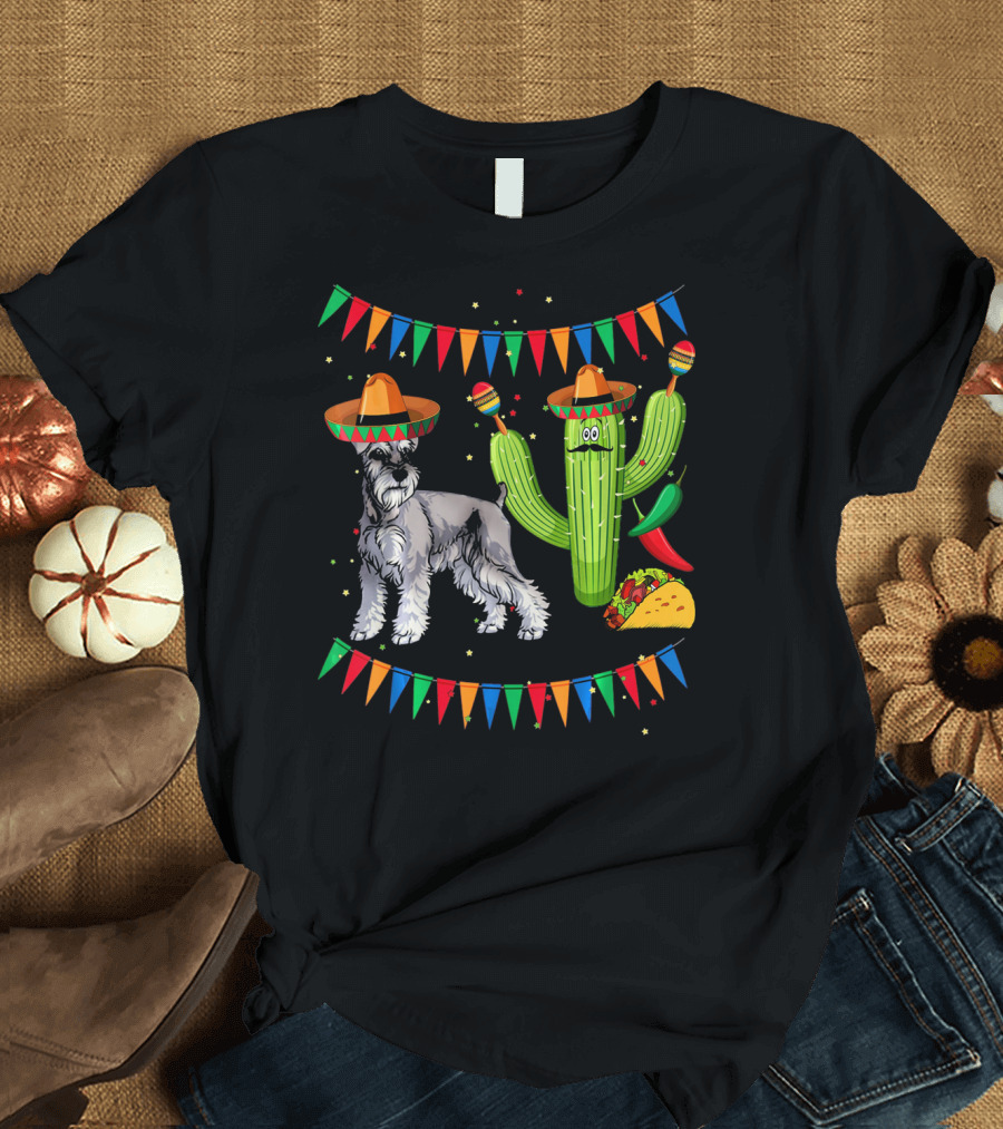 Sombrero Miniature Schnauzer Dog and Cactus with Tacos and Maracas Mexico Fiesta Flags T-Shirt