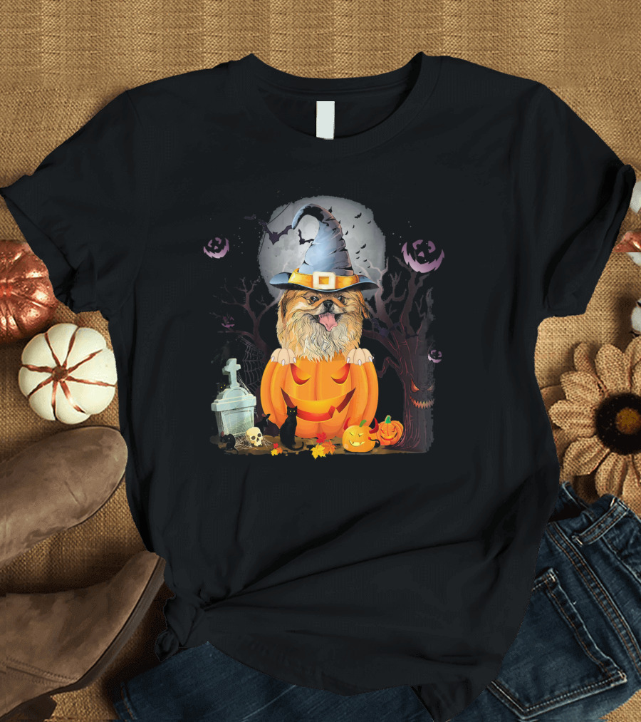Pekingese Dog Witch Hat Halloween Pumpkin Bat Moon Cat Graveyard T-Shirt
