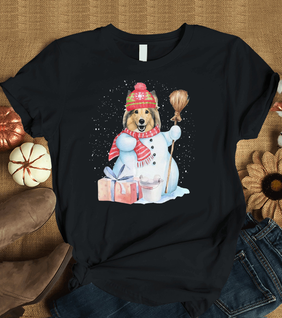 Sheltie Dog Snowman with Christmas Hat and Presents in Snowy Night T-Shirt
