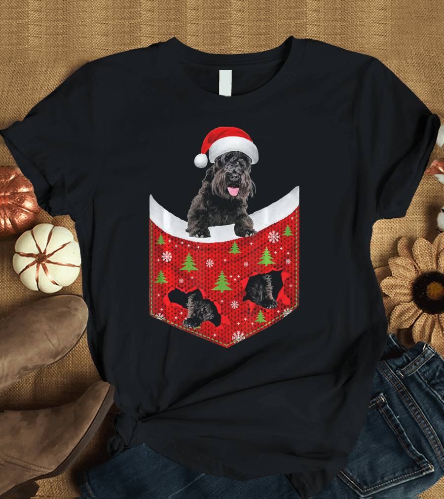 Miniature Schnauzer Christmas Santa Hat Trees Snowflakes Pocket T-Shirt