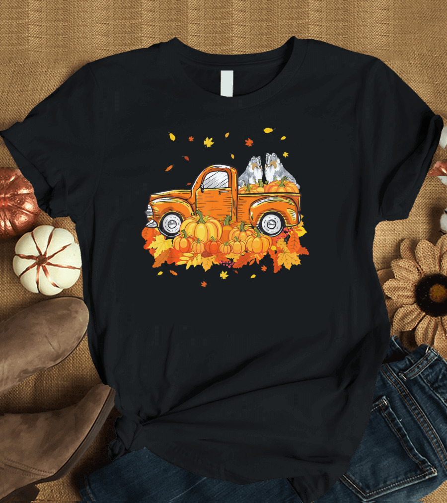 Sheltie Pumpkin Truck with Fall Leaves Halloween Scene T-Shirt
