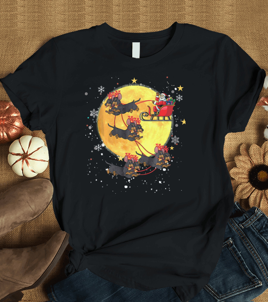 Schnauzer Reindeer Santa Sleigh Christmas Moon Snowflakes T-Shirt