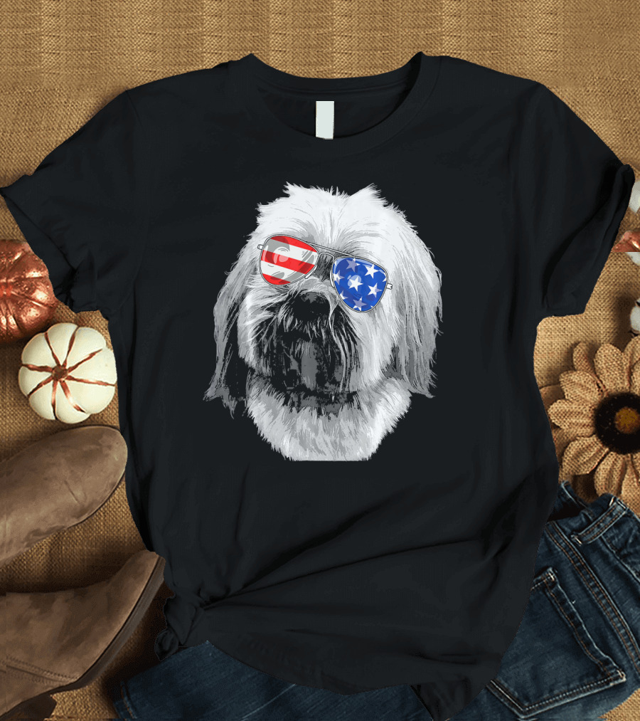 Vintage Lhasa Apso Dog with American Flag Sunglasses USA T-Shirt