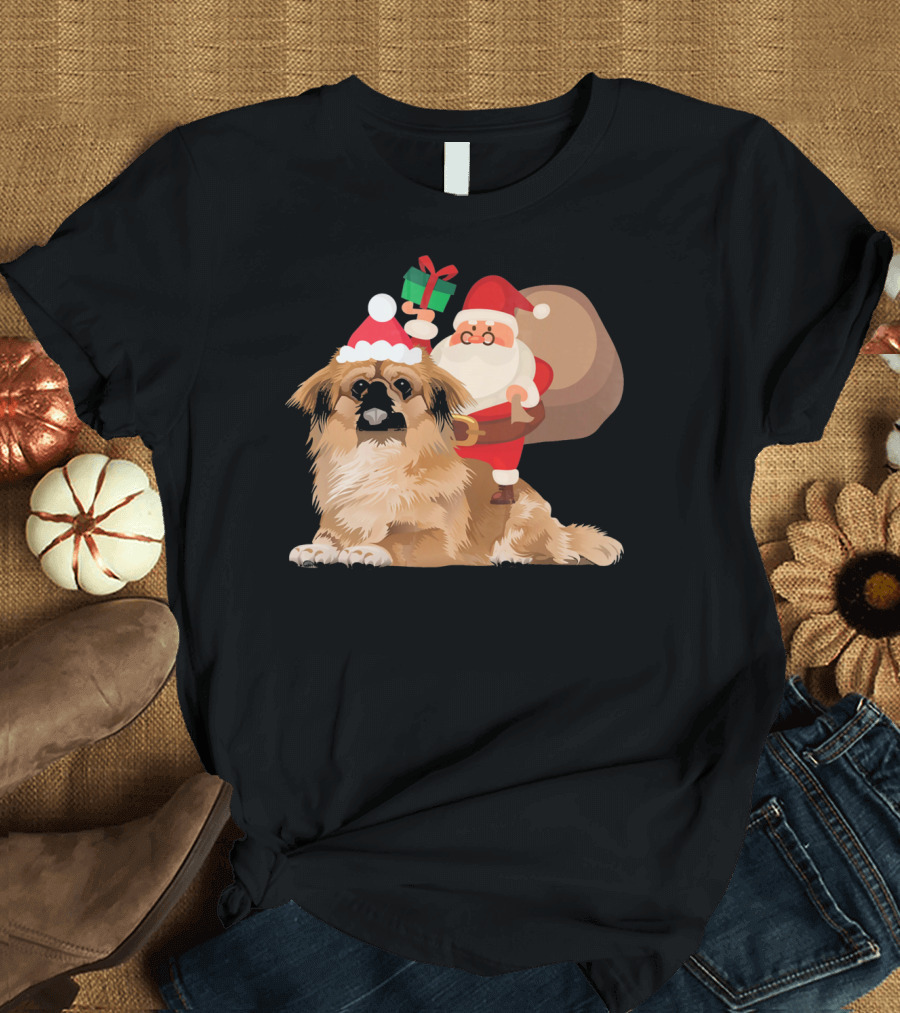 Santa Claus Holding Gift Riding Pekingese with Christmas Hat T-Shirt