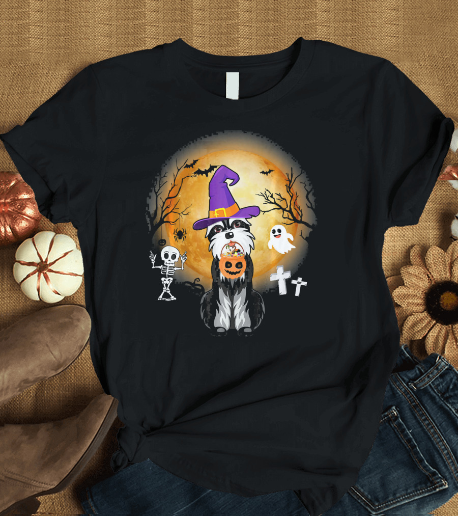 Standard Schnauzer Witch Halloween Moon Ghost Skeleton Pumpkin T-Shirt