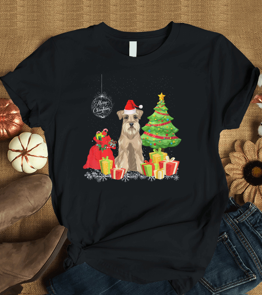 Schnauzer With Merry Christmas Santa Hat and Gifts Under Christmas Tree T-Shirt