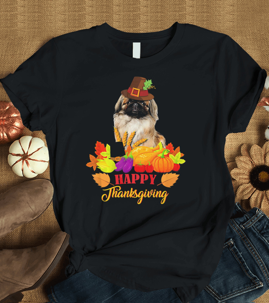 Pekingese Happy Thanksgiving with Pilgrim Hat and Harvest Vegetables T-Shirt