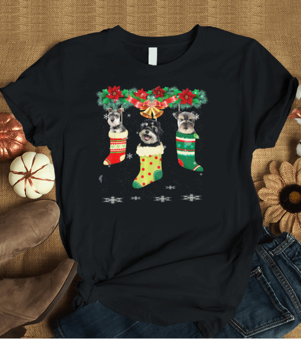 T-Shirt: Three Schnauzer Dogs in Christmas Stockings with Santa Bells and Snowflakes T-Shirt Three Schnauzer Dogs in Christmas Stockings with Santa Bells and Snowflakes T-Shirt