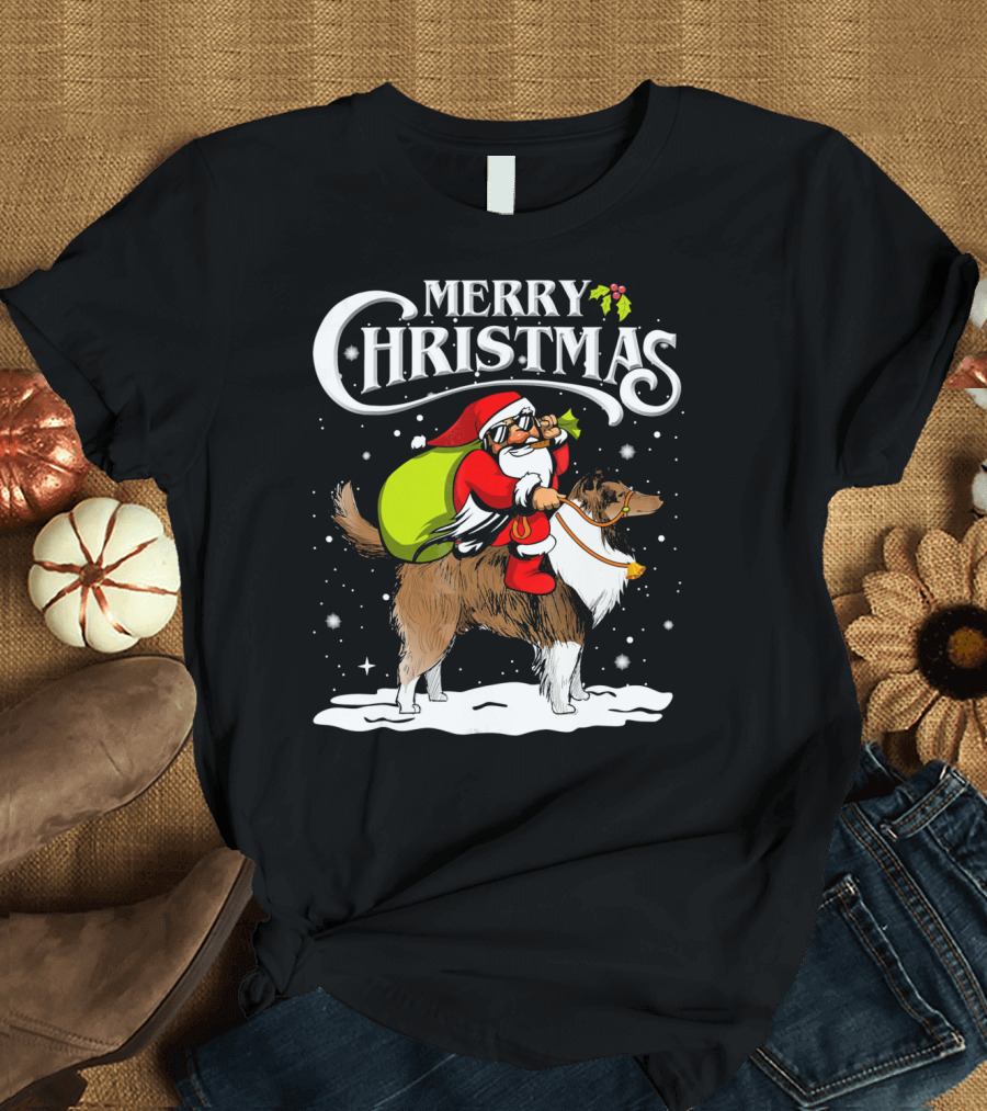 Merry Christmas Santa Riding Shetland Sheepdog Funny Chr T-Shirt