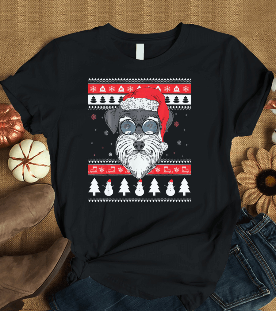 Schnauzer Santa Ugly Xmas Funny Dog with Snowmen and Trees T-Shirt