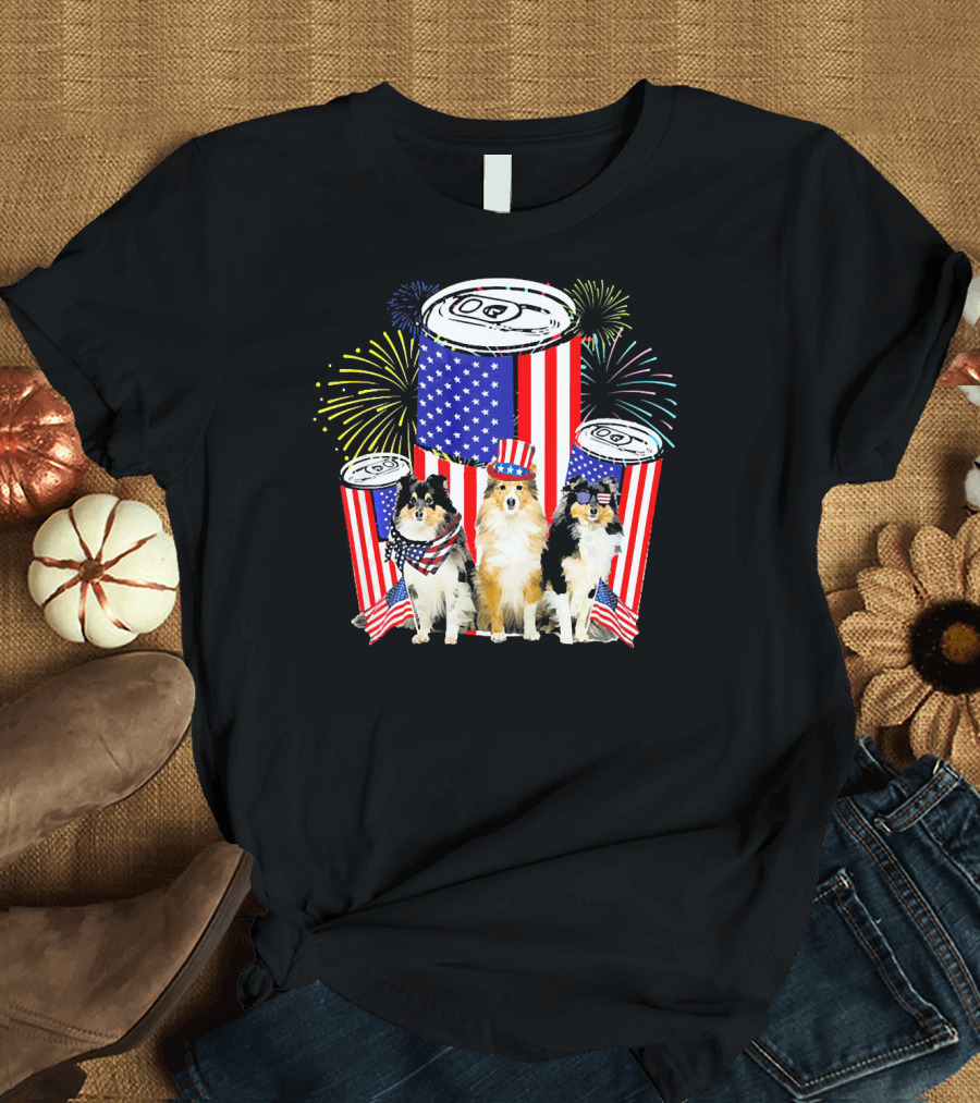 Patriotic Sheltie Mini Flag USA Fireworks T-Shirt