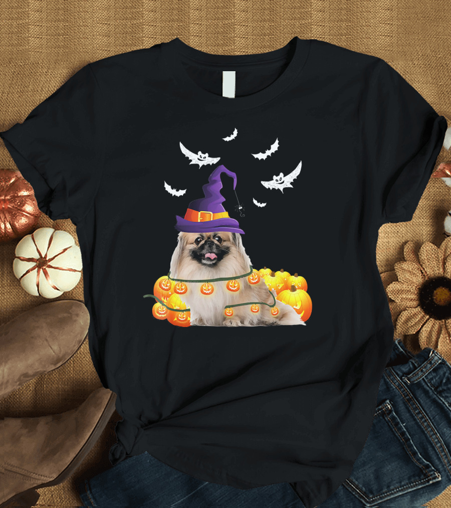 Pekingese Dog with Light Up Pumpkins and Halloween Witch Hat with Flying Bats T-Shirt