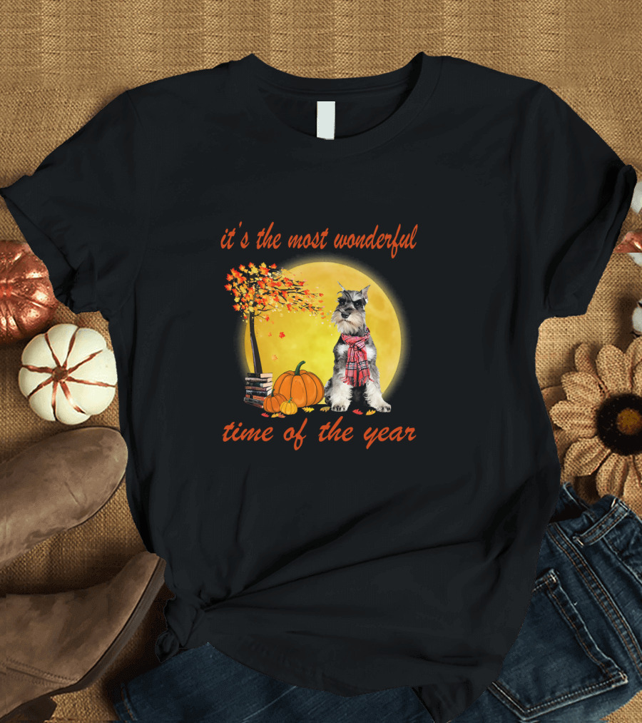 It's the Most Wonderful Time of the Year Schnauzer Dog with Autumn Leaves and Pumpkins T-Shirt