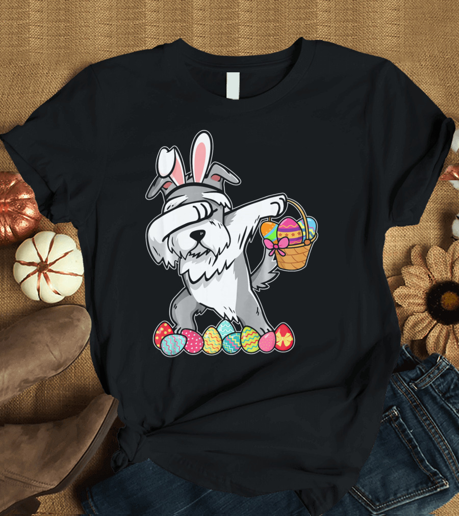 Miniature Schnauzer Dabbing with Easter Bunny Ears and Egg Basket T-Shirt