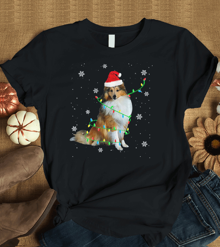 Shetland Sheepdog Wrapped in Christmas Lights with Santa Hat and Snowflakes T-Shirt