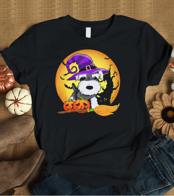 T-Shirt: Schnauzer Witch with Pumpkin Broom Halloween Scene T-Shirt Schnauzer Witch with Pumpkin Broom Halloween Scene T-Shirt