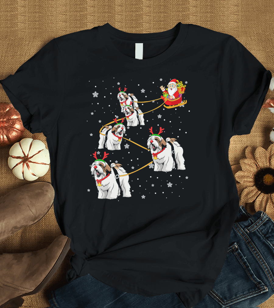 Xmas Lhasa Apso Lover Santa Sleigh Reindeer Dogs Snowflakes T-Shirt