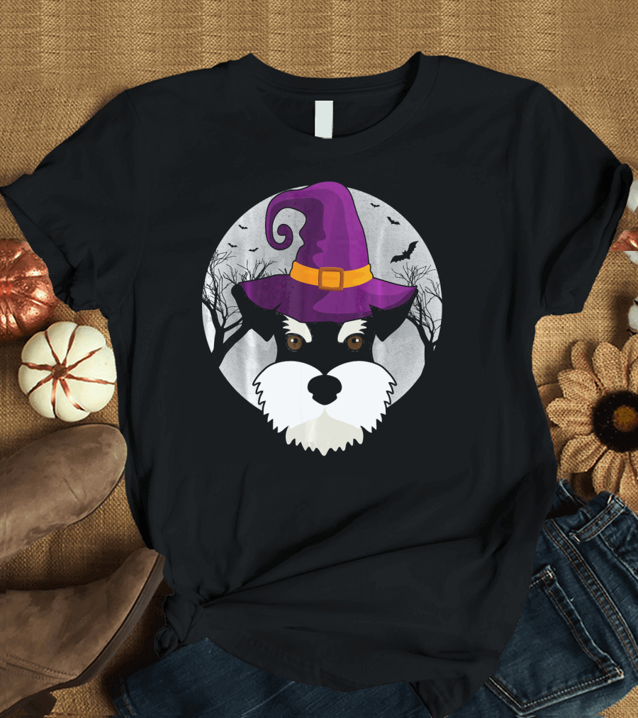 Schnauzer Witch Halloween Dog Love with Purple Hat and Bats T-Shirt