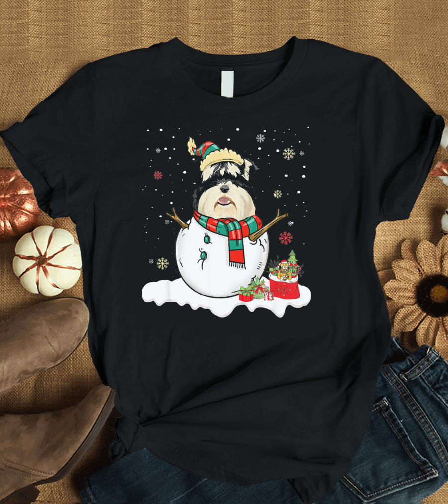 Miniature Schnauzer Lover Merry Christmas Snowman Holiday Scene T-Shirt