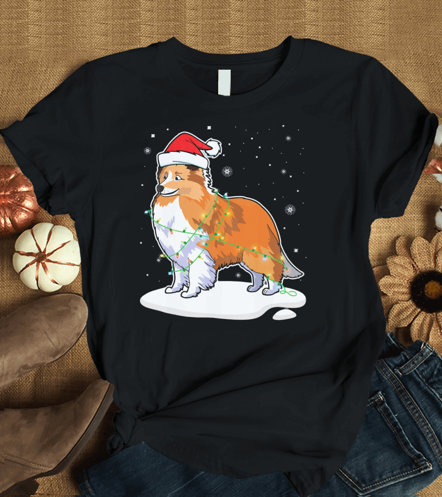 Sheltie Dog Santa Wrapped in Christmas Lights on Snowy Night T-Shirt