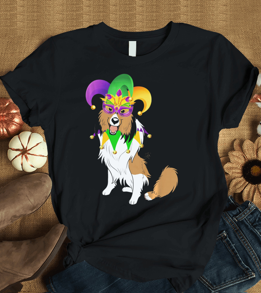 Shetland Sheepdog Wearing Mardi Gras Jester Mask and Hat T-Shirt