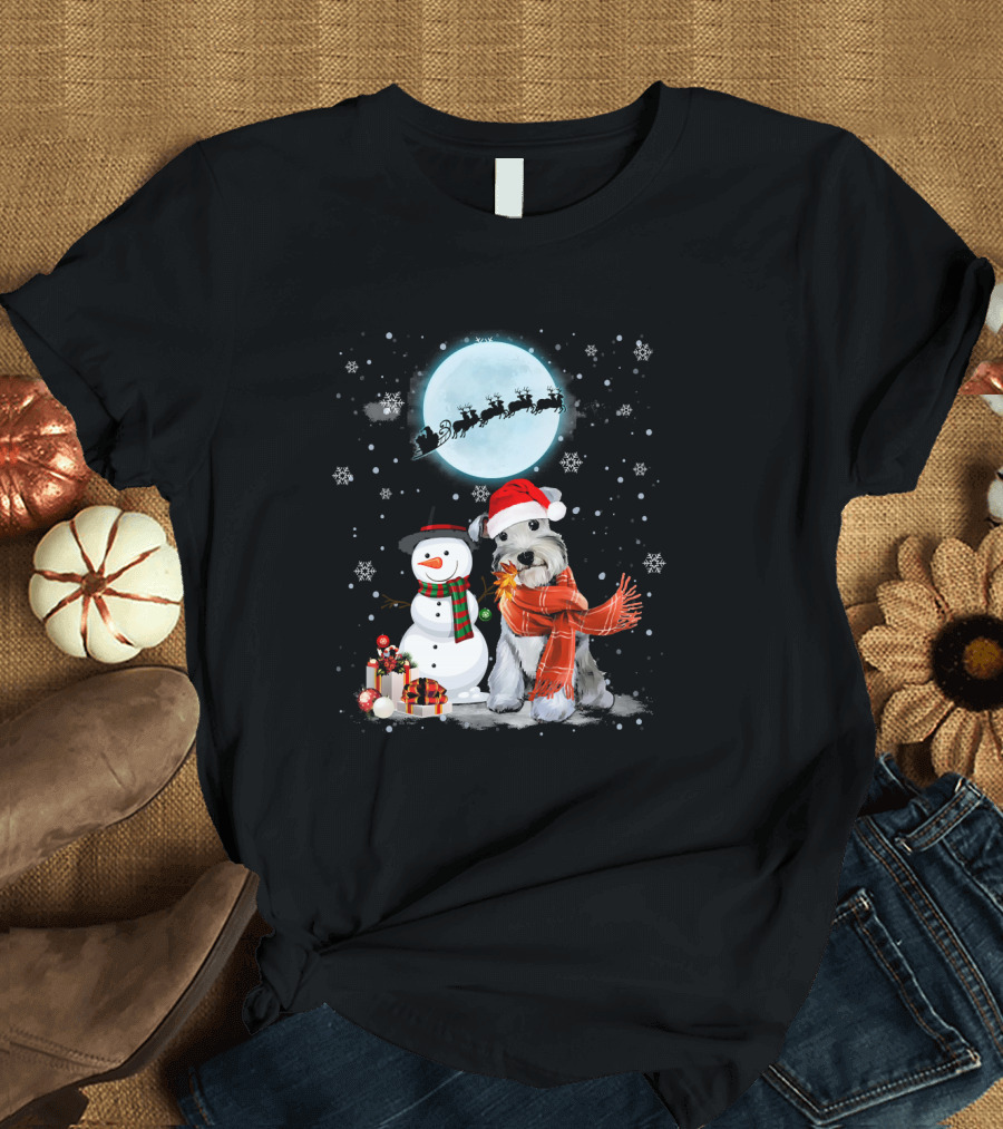 Miniature Schnauzer Santa Snowman Snowflakes Moon Presents T-Shirt